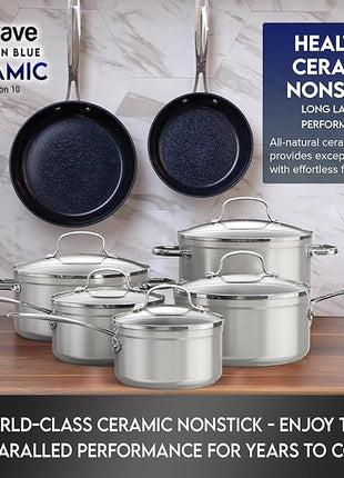Nuwave Healthy Duralon Blue Ceramic Nonstick Cookware Set, Diamond Infused Scratch-Resistant, PFAS Free, Dishwasher & Oven Safe, Induction Ready & Evenly Heats, Tempered Glass Lids & Stay-Cool Handles