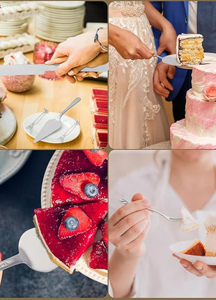 Wedding Cake Cutting Set, Elegant Wedding Cake Knife and Server Set with Thick Stainless Steel Wide Handle, Cake Cutting Set for Wedding Anniversary Christmas, Cake Cutter, 2 Cute Forks and Bows