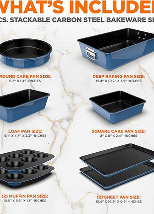 NutriChef 8-Piece Nonstick Stackable Bakeware Set - PFOA, PFOS, PTFE Free Baking Tray Set w/Non-Stick Coating, 450°F Oven Safe, Round Cake, Loaf, Muffin, Wide/Square Pans, Cookie Sheet (Blue)