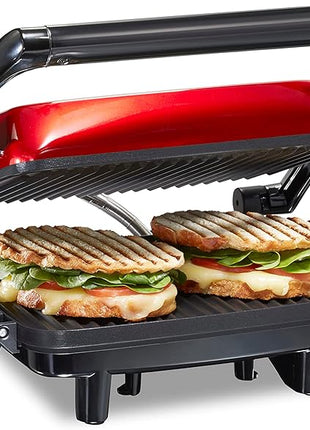 Hamilton Beach Panini Press Sandwich Maker & Electric Indoor Grill with Locking Lid, Opens Wide to Fit Any Thickness for Quesadillas, Burgers & More, Nonstick 8" x 10" Grids, Red (25462Z)