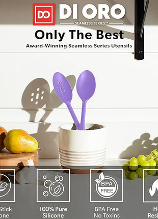 DI ORO Silicone Spoons for Cooking - Large Kitchen Spoons for Mixing, Serving & Stirring - 600°F Heat-Resistant Non Stick Utensils – Big Solid & Slotted Basting Spoon - Dishwasher Safe (2pc, Lavender)