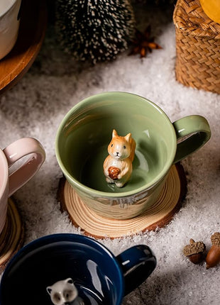 DIHOclub Squirrel Ceramic Cup Hidden 3D Animal Inside Mug,Cute Cartoon Handmade Figurine Mugs,Holiday and Birthday Gift for Coffee Milk Tea Lovers,12 OZ(Light Green)