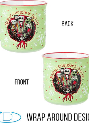 Silver Buffalo Disney Nightmare Before Christmas Making Christmas Fright Featuring Jack Skellington, Sally, Oogie Boogie, Shock, Barrel, and Scary Teddy Ceramic Camper Mug, 20 Ounces