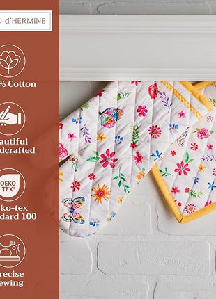 Maison d' Hermine 100% Cotton Oven Mitt & Pot Holder Set (7.5"x13" & 8"x8") Heat Resistant BBQ Cooking Gloves with Loop, Grilling, Kitchen, Handling Hot Pans Spring/Summer (Happy Florals - Sweety)