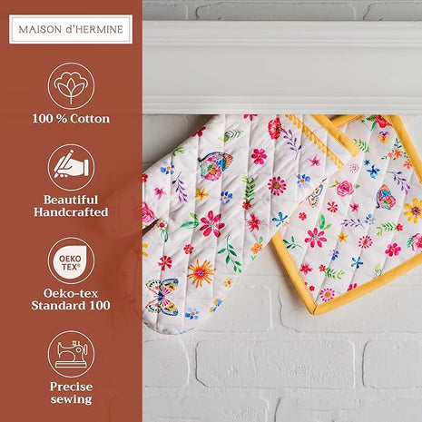 Maison d' Hermine 100% Cotton Oven Mitt & Pot Holder Set (7.5"x13" & 8"x8") Heat Resistant BBQ Cooking Gloves with Loop, Grilling, Kitchen, Handling Hot Pans Spring/Summer (Happy Florals - Sweety)