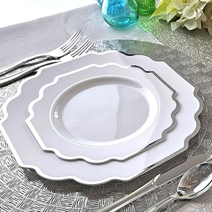 " OCCASIONS " 80 Plates Pack,(40 Guests) Heavyweight Wedding Party Disposable Plastic Plates Set -40 x 10.5'' Dinner + 40 x 8'' Salad/Dessert Plate (Imperial in White & Silver Rim)