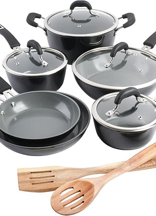 Kenmore Arlington Healthy Nonstick Ceramic Coated Forged Aluminum Induction Cookware, 12-Piece, Black Exterior/Grey Interior