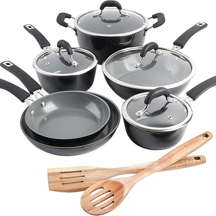 Kenmore Arlington Healthy Nonstick Ceramic Coated Forged Aluminum Induction Cookware, 12-Piece, Black Exterior/Grey Interior