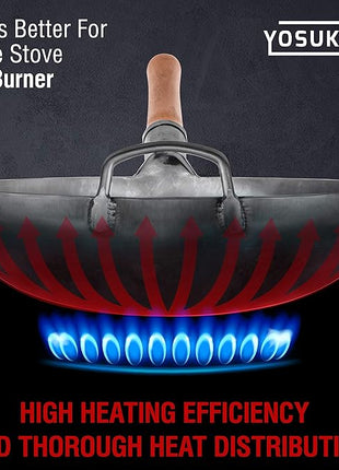 YOSUKATA 14” Round Bottom Carbon Steel Woks and Stir Fry Pans – Unseasoned Pow Wok for Stir Fry, BBQ & Camping – Hand-Hammered Traditional Japanese and Chinese Pan – Gas Stove, Open Fire Only