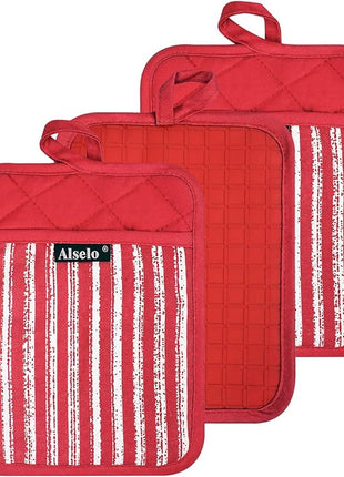Silicone Pot Holders Set of 3 Heat Resistant & Non Slip Potholders, Professional Oven Hot Pads with Pockets Mitts for Kitchen Cooking Baking Barbecue (3, Red)