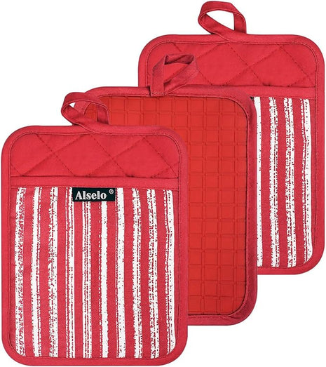 Silicone Pot Holders Set of 3 Heat Resistant & Non Slip Potholders, Professional Oven Hot Pads with Pockets Mitts for Kitchen Cooking Baking Barbecue (3, Red)