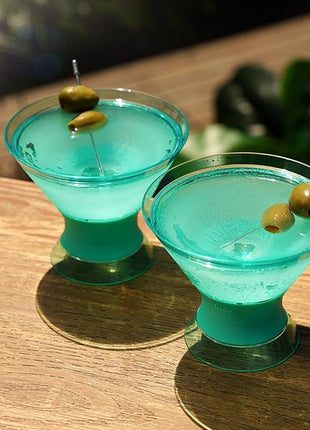Host Freeze Insulated Martini Cooling Cups, Plastic Freezer Gel Chiller Double Wall Stemless Cocktail Glass Set of 2 9oz, Tinted Aqua Blue, Green