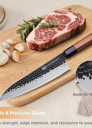 FINDKING Dynasty Series Japanese Chef Knife, Professional Kitchen Knife, 9Cr18MoV High Carbon Steel Blade, African Rosewood Octagonal Handle, Sharp, for Meat Cutting, 8 Inches