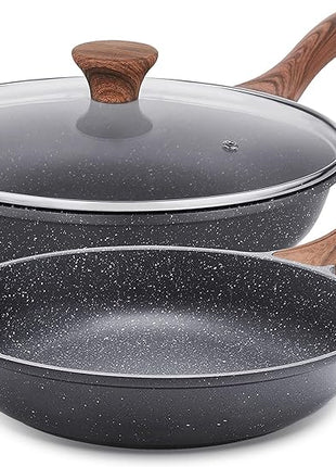 SENSARTE Nonstick Frying Pan Skillets, Swiss Granite Coating Omelette Pans, Healthy Cookware Chef's Pan, Free of Intentionally Added PFOA (8+11Inch with Lid)