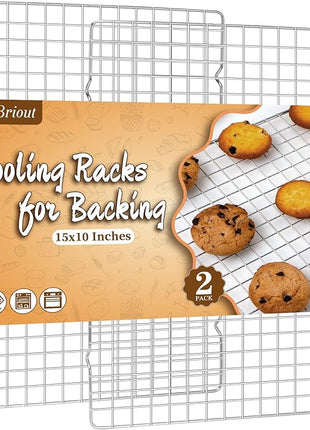 Briout 2PCS Cooling Racks for Cooking and Baking - 15x10 Inches Heavy Duty Stainless Steel Wire Rack for Baking, Grilling, Roasting - Oven & Dishwasher Safe - Fits Jelly Roll Sheet Pan-Silver