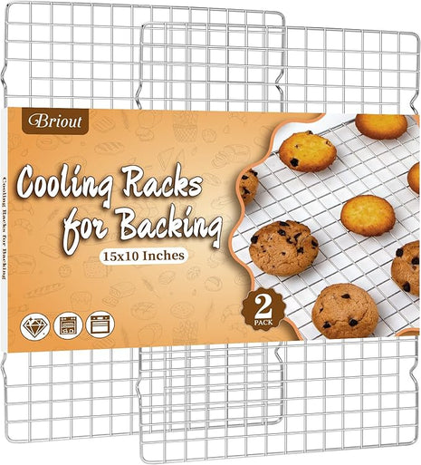 Briout 2PCS Cooling Racks for Cooking and Baking - 15x10 Inches Heavy Duty Stainless Steel Wire Rack for Baking, Grilling, Roasting - Oven & Dishwasher Safe - Fits Jelly Roll Sheet Pan-Silver