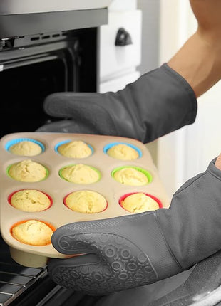 BPA-Free Soft Silicone Oven Mitts - Ultra Heat Resistant Oven Mitts with Thick Cotton Liner - Long Slip Resistant Pot Holders, Flexible Oven Gloves - Gray 13.7"