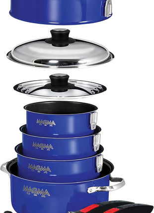 Magma 10 Piece Gourmet Nesting Stainless Steel Cookware Set with Ceramica Non-Stick, Induction Compatible, Oven Safe to 500°F - Suitable for All Stovetops, Removable Handles, Cobalt Blue