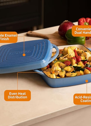 Bruntmor 2-in-1 Square Dutch Oven Casserole Dish with Lid, Dual Handles and Grill Pan for Baking, Braising and Grilling - Durable All-in-One Enameled Cast Iron Cookware Set for Kitchen, Whale Blue