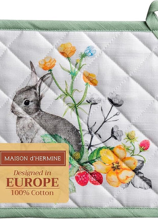Maison d' Hermine Pot Holders 100% Cotton Heat Resistant Potholders 8" x 8" Hot Pads with Loop BBQ, Cooking, Baking, Grilling, Kitchen, Handling Hot Pans Spring/Summer (Pack of 1, Printemps)