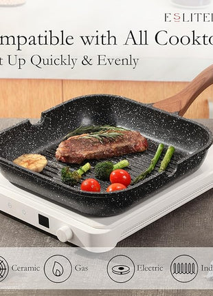ESLITE LIFE 11 Inch Nonstick Grill Pan with Lid for Indoor Cooking, Versatile Induction Square Large Grilling Skillet Steak Pan for Stove Tops, PTFE & PFOA Free, Black