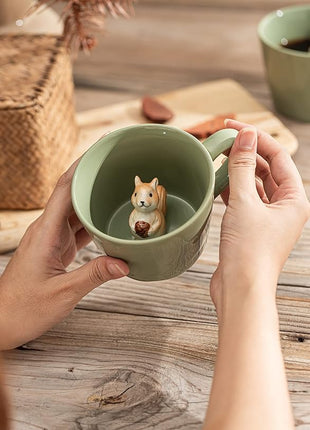 DIHOclub Squirrel Ceramic Cup Hidden 3D Animal Inside Mug,Cute Cartoon Handmade Figurine Mugs,Holiday and Birthday Gift for Coffee Milk Tea Lovers,12 OZ(Light Green)
