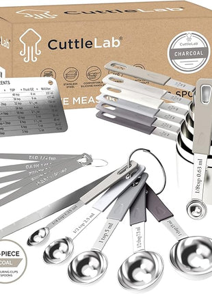 22-Piece Stainless Steel Measuring Cups and Spoons Set, Tad Dash Pinch Smidgen Drop Mini Measuring Spoons, Measuring Stick Leveler, Measurement Conversion Chart Fridge Magnet, (Charcoal)