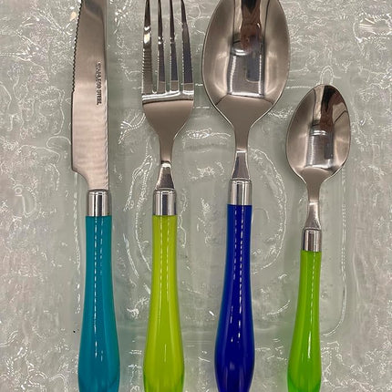 The Original Brink House Sea Blue Green Mix & Match Stainless Steel Cutlery Set with Translucent Handles / 16 pieces with Metal Stand/Lifestyle utensils set for home, apartment, dorm, outdoor events