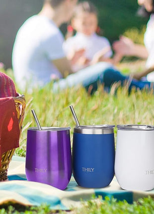 THILY Vacuum Insulated Stemless Wine Tumbler Triple-Insulated Stainless Steel Wine Glass with Lid, Reusable Straw, 12 oz, Wine, Coffee, Cocktails, Gifts Ideas for Women, Her, Girls, Purple