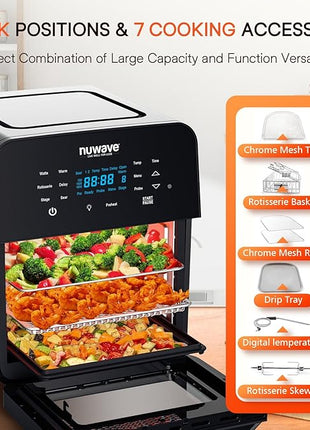 Nuwave Brio 15.5Qt 10-IN-1 Air Fryer Rotisserie Oven, XL Family Size, Even & Crisp AirFry, Reheat, Roast, Dehydrate for Quick Meals, 50°-425°F Control, 100 Presets & 50 Memory, Dishwasher-Safe, 1800W