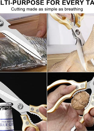 CGBE Kitchen Scissors All Purpose Heavy Duty, Ultra Sharp Stainless Steel Kitchen Shears Dishwasher Safe, Cooking Shears for Chicken, Poultry, Fish, Meat, Herbs & Grapes with Non-Slip Grips - Gold