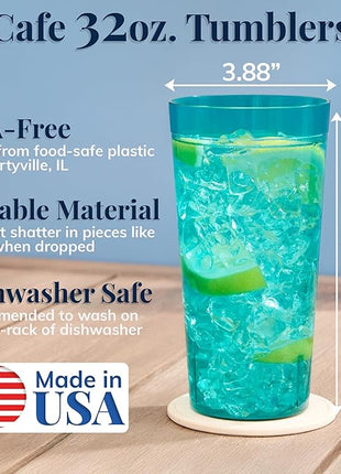 US Acrylic Café Plastic Reusable Tumblers (Set of 12) 32-ounce Iced-Tea Cups, Coastal | Value Set of Restaurant Style Drinking Glasses, Stackable, BPA-free, Made in the USA | Top-rack Dishwasher Safe
