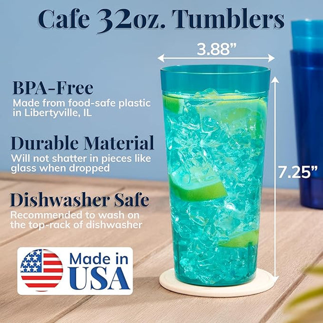 US Acrylic Café Plastic Reusable Tumblers (Set of 12) 32-ounce Iced-Tea Cups, Coastal | Value Set of Restaurant Style Drinking Glasses, Stackable, BPA-free, Made in the USA | Top-rack Dishwasher Safe