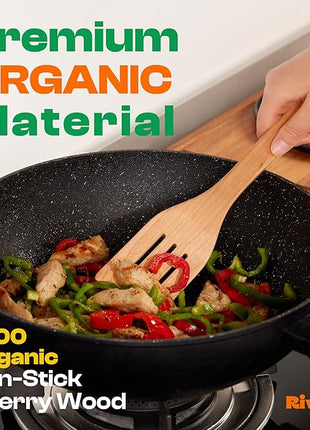 Riveira Cherry Wooden Spoons for Cooking Set of 6 – Natural Cherry Wooden Cooking Utensils, Wooden Spatula, Wooden Spoon - Premium Quality Wooden Utensil Set for Non-Toxic Cooking