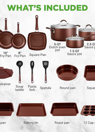 NutriChef 20 Piece Professional Home Kitchen Cookware and Bakeware, Pots and Pans Set Non Stick Kitchenware, Cool-Touch Handles, Safe for Gas, Electric, Induction Cooktops, Easy Clean, Brown