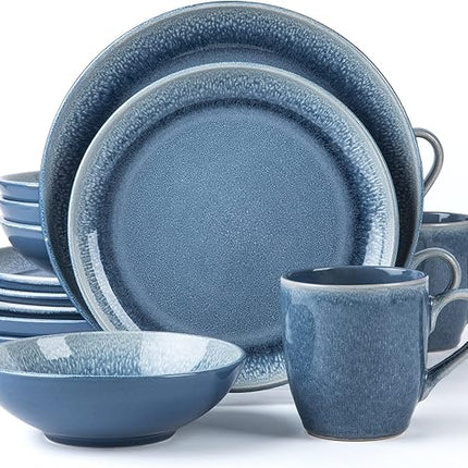 FAIT Round Stoneware 16pc Dinnerware Set for 4, Dinner Plates, Side Plates, Cereal Bowls, Mugs - Reactive Glaze Blue (463014)