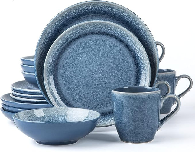 FAIT Round Stoneware 16pc Dinnerware Set for 4, Dinner Plates, Side Plates, Cereal Bowls, Mugs - Reactive Glaze Blue (463014)