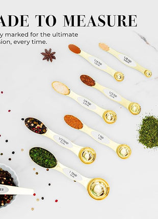 White and Gold Magnetic Measuring Spoons – Stainless Steel Double Sided Measuring Spoons for Cooking and Baking – Cute White and Gold Kitchen Accessories, Ideal for Gifting