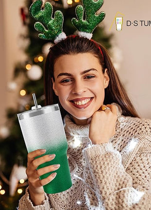 D·S 30 oz Tumbler Christmas Green Glitter Gradient Cup Stainless Steel Double Wall Vacuum Insulated Mug with Straw and Lid, Cleaning Brush for Cold and Hot Beverages