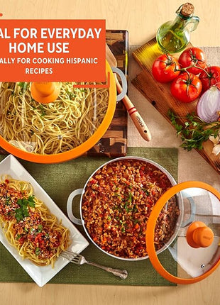 IMUSA USA 2 Piece Orange Ceramic Interior Caldero Set with Orange Silicone Rim and Glass Lid