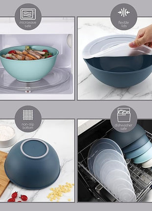 COOK WITH COLOR Plastic Mixing Bowls with Lids - 12 Piece Nesting Bowls Set includes 6 Prep Bowls and 6 Lids, Microwave Safe (Blue Ombre)