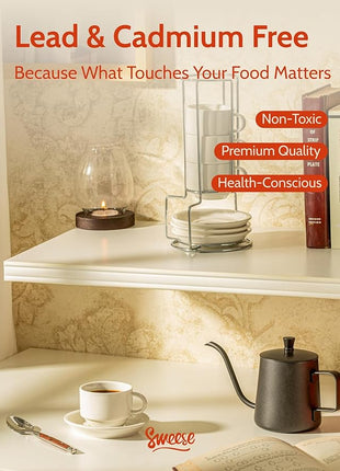 Sweese 2.5 Ounce Porcelain Stackable Espresso Cups with Saucers and Metal Stand Set of 4, White