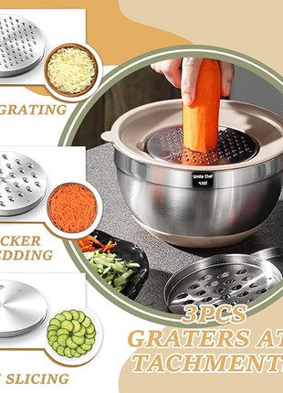 Mixing Bowls with Airtight Lids Set, 26PCS Stainless Steel Khaki Bowls with Grater Attachments, Non-Slip Bottoms & Kitchen Gadgets Set, Size 7, 4, 2.5, 2.0,1.5, 1QT, Great for Mixing & Serving