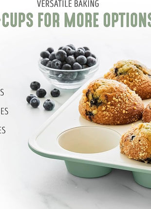 GreenLife 12-Cup Muffin Pan, PFAS-Free Healthy Nonstick Baking Tray, 11.4" x 1.9" x 15.9", Durable Ceramic Bakeware, Cupcakes, Egg Bites, Tarts, Brownies, Sage