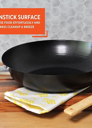 IMUSA 9.5in Carbon Steel Nonstick Wok with Cool Touch Handle, Black
