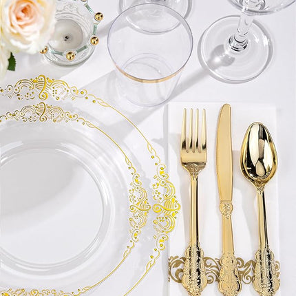 Nervure 350PCS Clear Gold Plastic Plates - Gold Plastic Dinnerware Sets for 50 Guests - 100 Disposable Plates, 150 Silverware, 50 Cups, 50 Napkins for Wedding & Party & Thanksgiving