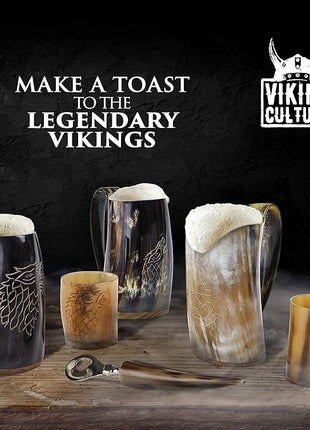 Viking Culture Ox Horn Mug, Shot Glass, and Bottle Opener (3 Pc Set) Authentic 16-oz. Ale, Mead, and Beer Tankard | Vintage Stein with Handle | Custom Intricate Design - Polished Finish | Wolf/Fenrir