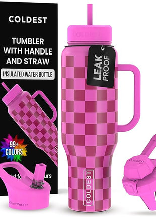 Coldest Tumbler with Handle and Straw, 100% Leak Proof Insulated Tumbler with Lid and Straw (3 Lids), Stainless Steel Tumblers for Women & Men, Cup Holder Friendly, 46 oz (Purple Checkers)