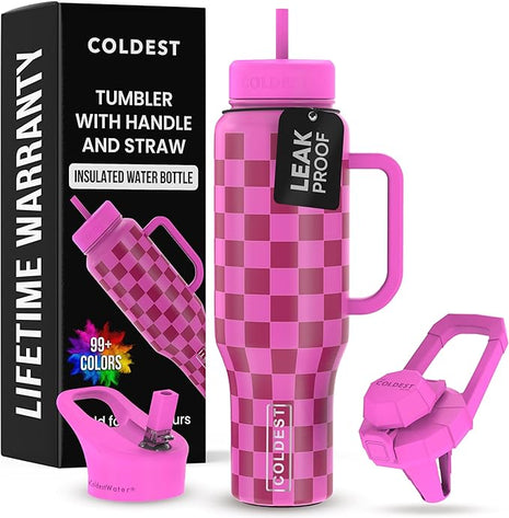 Coldest Tumbler with Handle and Straw, 100% Leak Proof Insulated Tumbler with Lid and Straw (3 Lids), Stainless Steel Tumblers for Women & Men, Cup Holder Friendly, 46 oz (Purple Checkers)