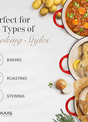 Nuovva Enamelled Cast Iron Dutch Oven Pot with Lid – 6.4 Quart Non Stick Casserole Pot – Heavy Duty & Oven Safe up to 500° F for Bread Baking, Braising, Stews, Roasting – 28cm Red